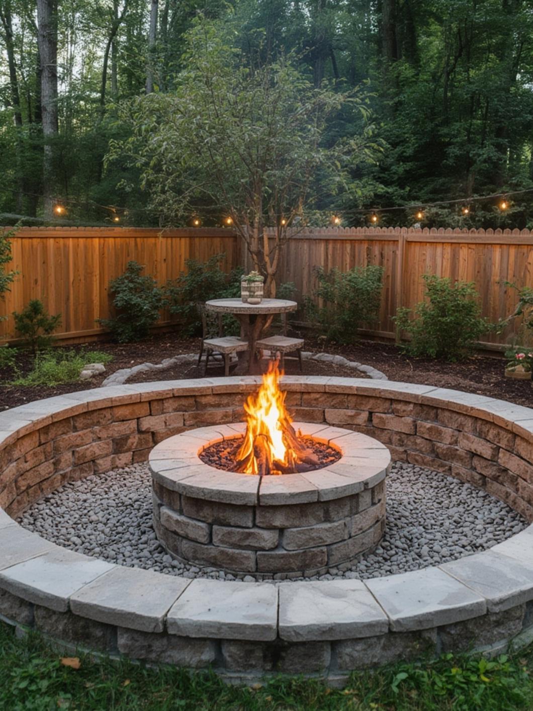 Completed DIY backyard fire pit with stones and cozy seating area