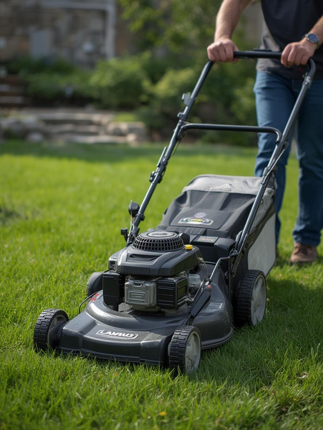 Lawn mower setup on a healthy green lawn